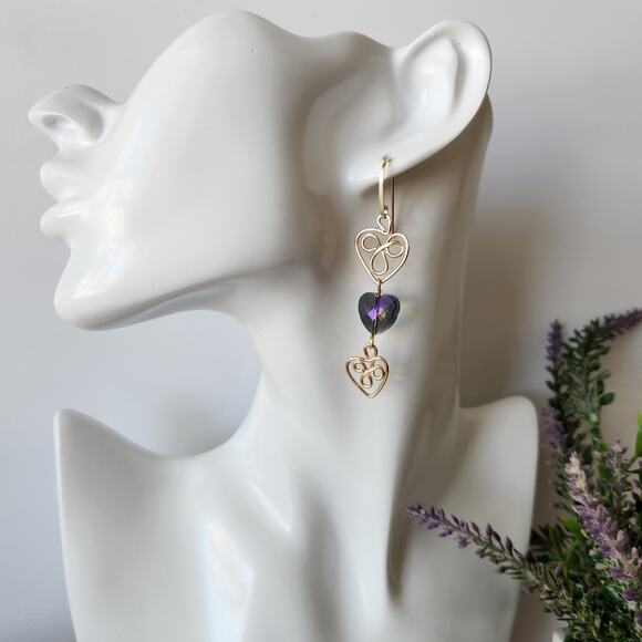 Gold and Purple Heart Dangle Earrings - Picture 5 of 10